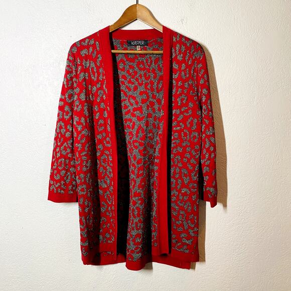 NEW! Kasper Open Front Metallic Animal Print Cardigan Sweater Knit Red - S - Picture 6 of 6